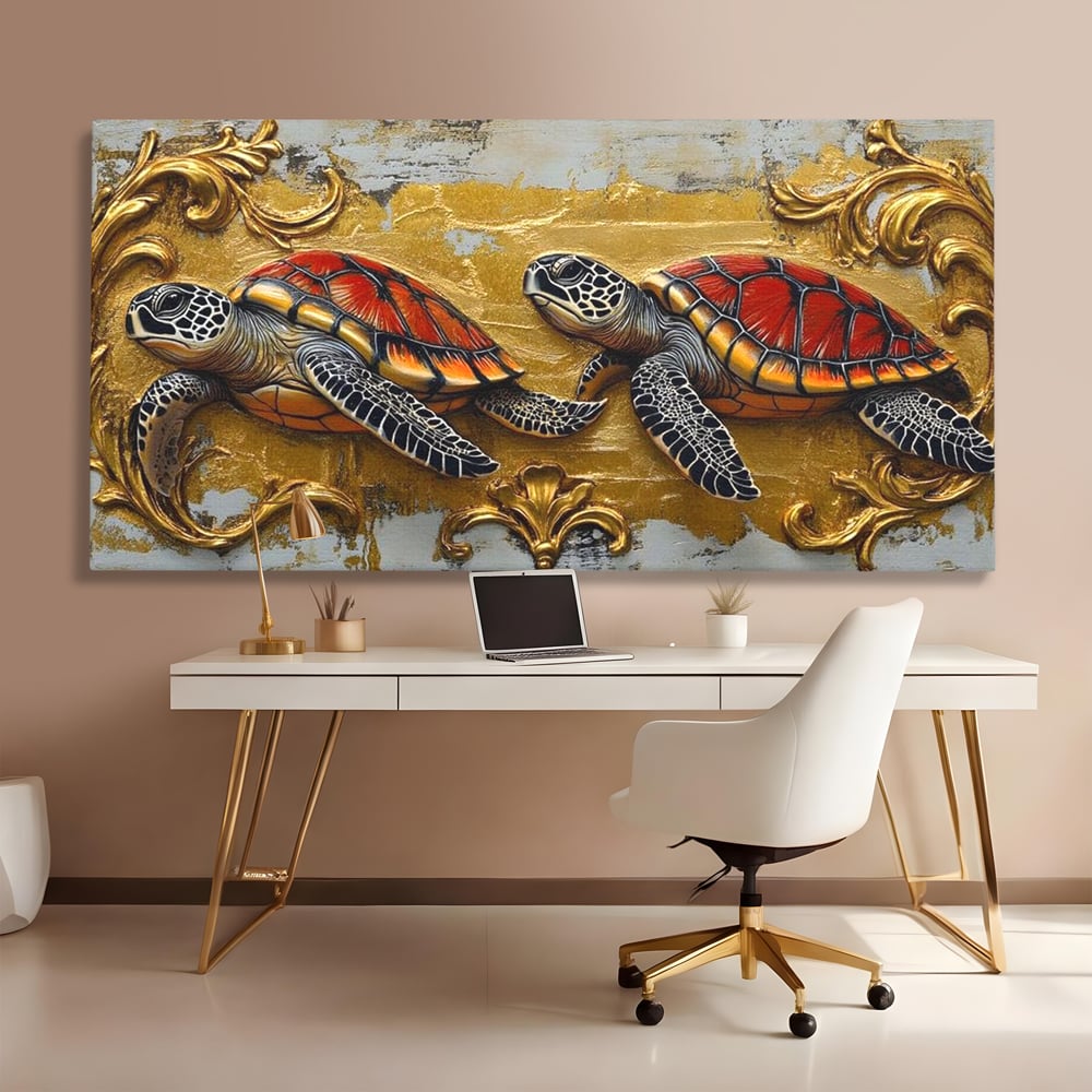 Tablou canvas cu tablou canvas cu doua testoase, fara rama, pe sasiu de lemn, pe perete intr-un birou